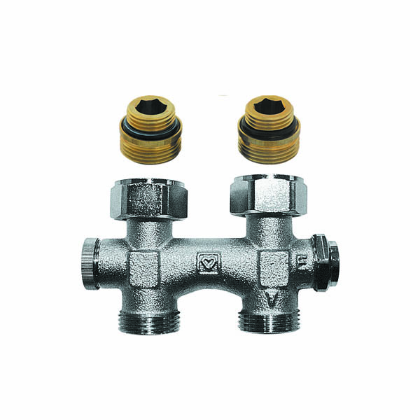 HERZ 3000 aanvoer- en retourverdeler met vaste bypass  G ½ x 3/4, recht