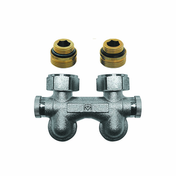 HERZ 3000 aanvoer- en retourverdeler met vaste bypass  G ½ x 3/4, haaks